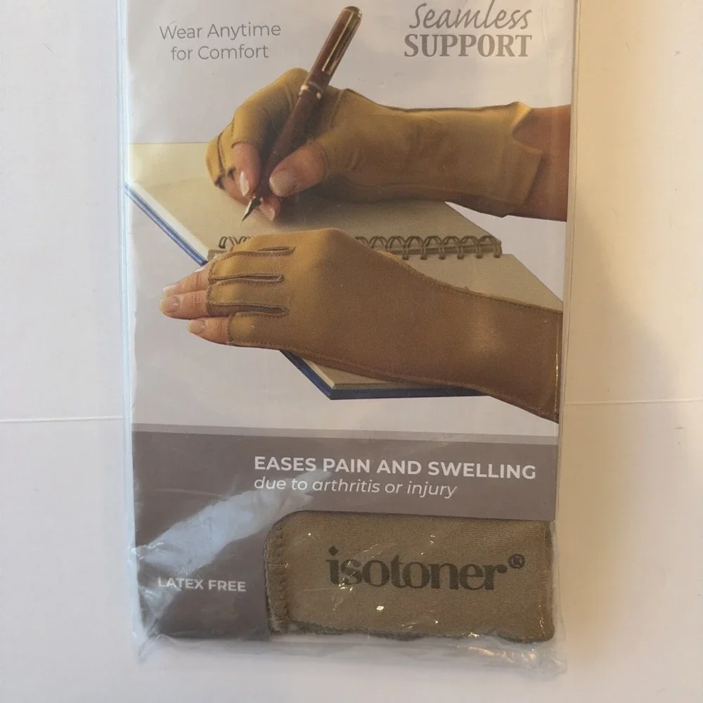 Isotoner Therapeutic Gloves Open Finger Camel Size Large Compression Pain Relief - Picture 3 of 7